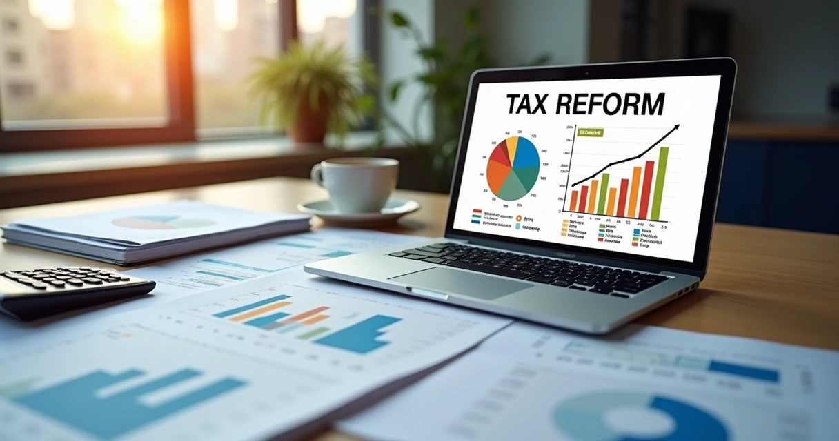 Mesa de escritório com documentos, calculadora e laptop aberto mostrando gráficos financeiros sobre reforma tributária
