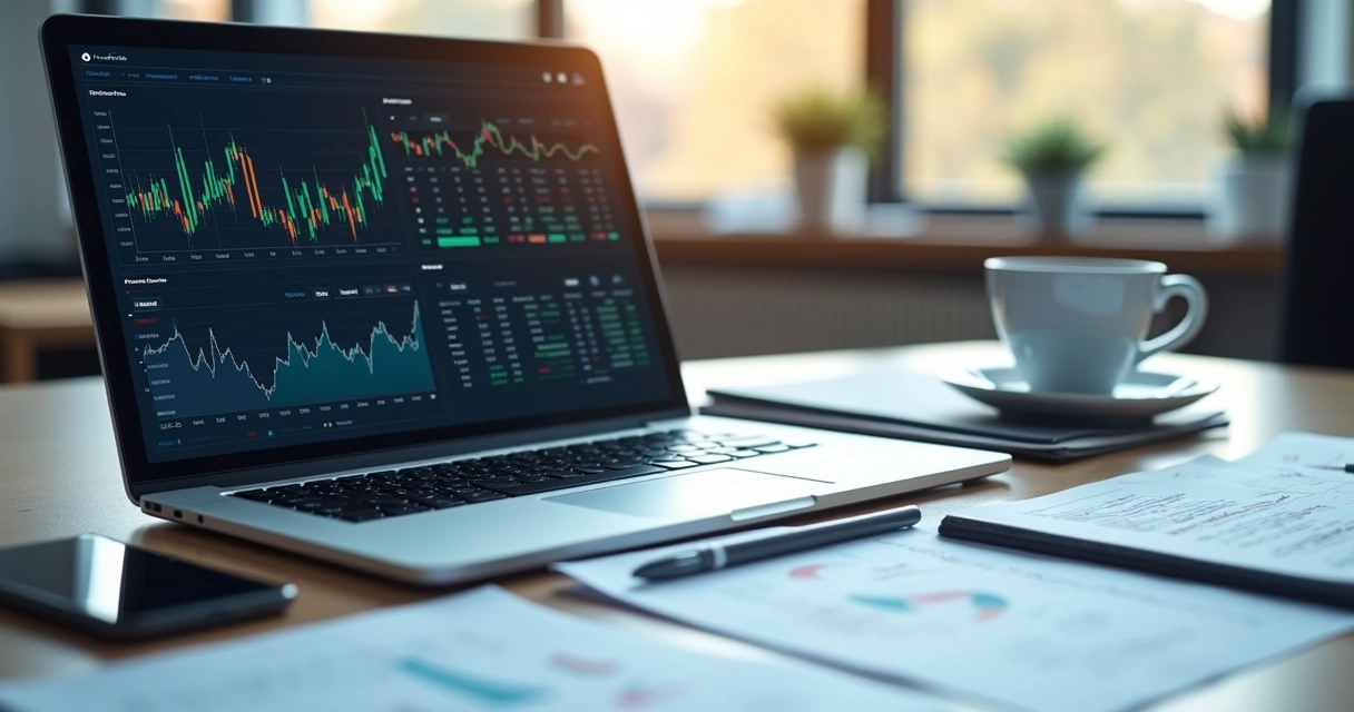Mesa de escritório com laptop aberto mostrando gráficos financeiros digitais e documentos organizados ao redor