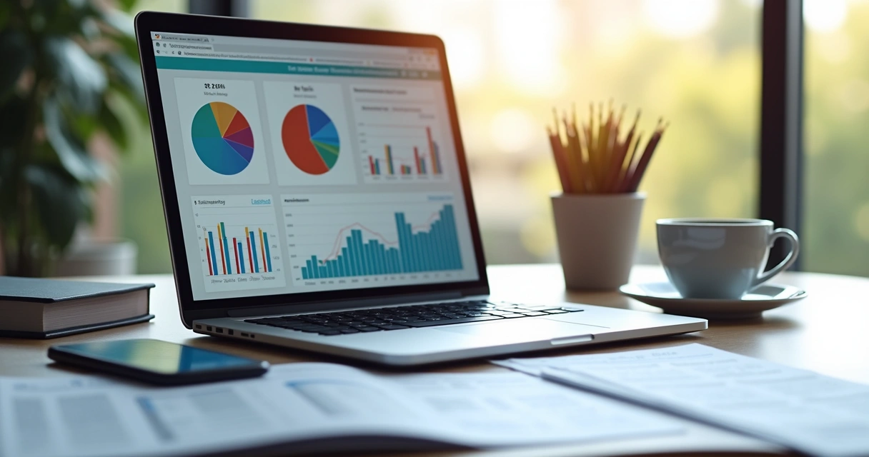 Mesa de escritório com notebook aberto mostrando gráficos financeiros e documentos fiscais ao lado de um smartphone com aplicativo de contabilidade aberto