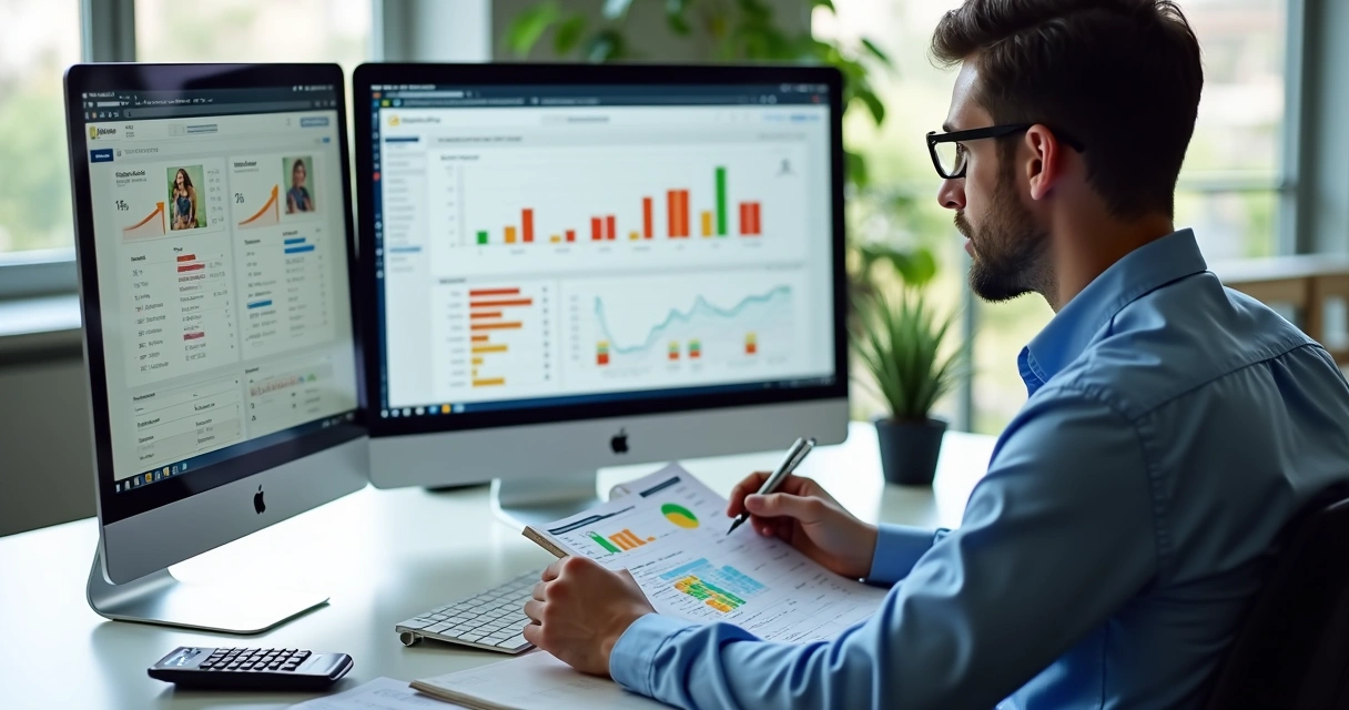 Contador trabalhando com planilhas e computador exibindo painel do Mercado Livre