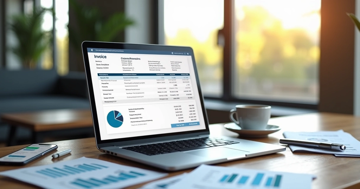 Laptop screen showing a detailed digital invoice with charts and data