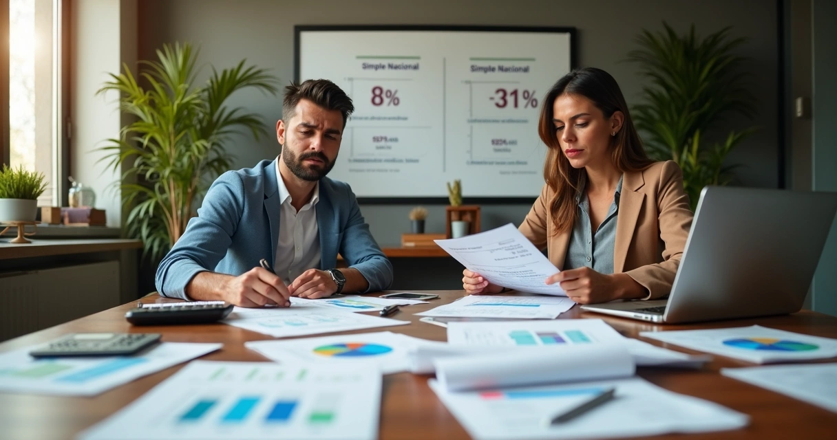 Comparação entre duas empresas com gráficos financeiros e documentos contábeis na mesa