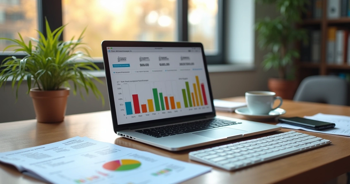 Laptop on wooden desk showing accounting software with e-commerce graphs and invoices around