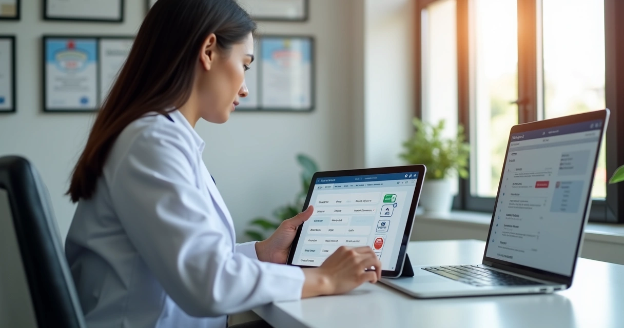 Profissional da saúde utilizando aplicativo digital em tablet para emitir recibo eletrônico