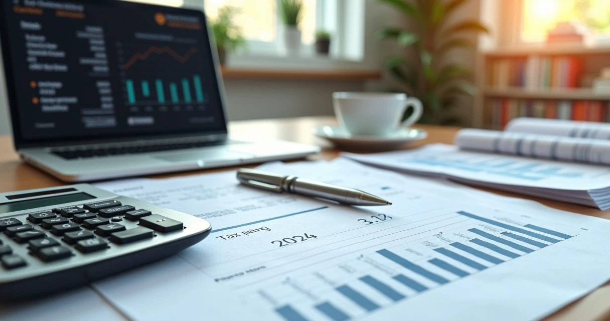 Mesa de escritório com calculadora, documentos financeiros, laptop aberto e uma caneta sobre papéis de planejamento tributário