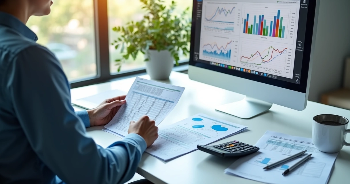 Profissional contador analisando relatórios financeiros e computador com planilhas e gráficos à frente