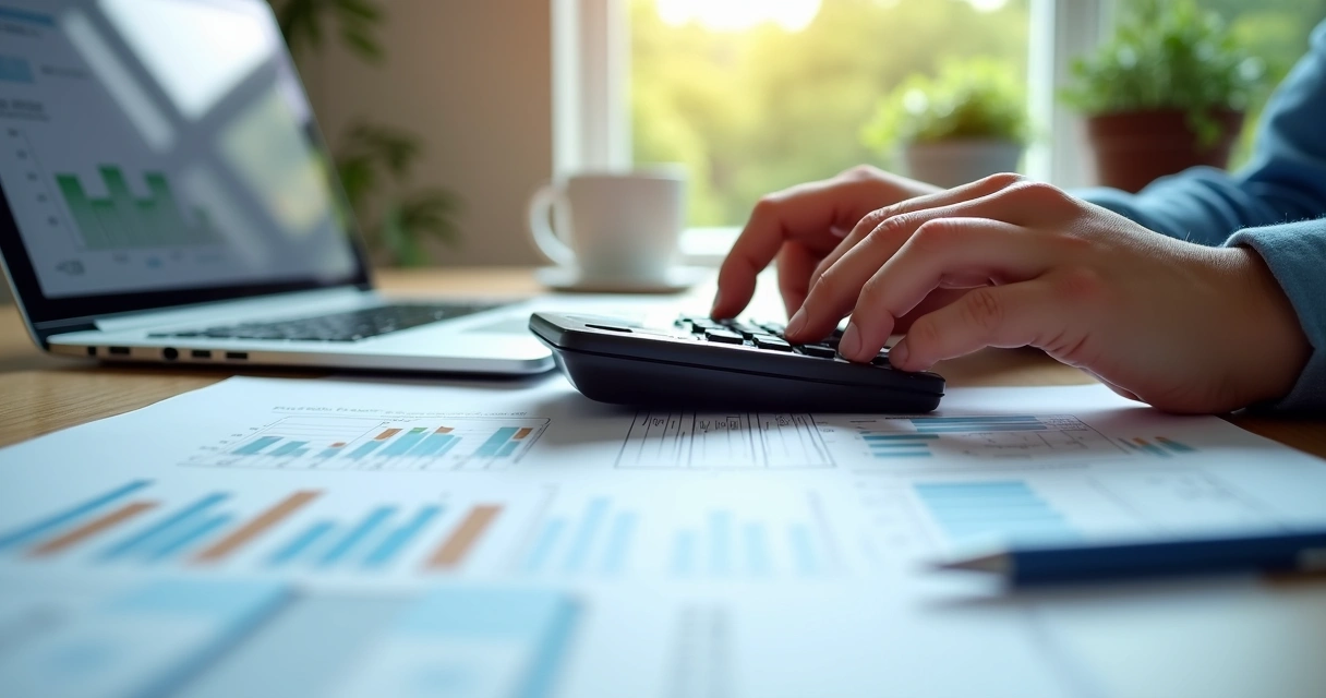 Hands calculating tax values on printed documents with calculator and laptop on office desk