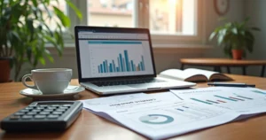 Mesa com plano de negócios, calculadora, laptop e documentos para abertura de empresa