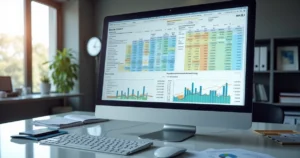 Computador moderno exibindo balancete de verificação detalhado com gráficos financeiros e tabelas coloridas num escritório iluminado
