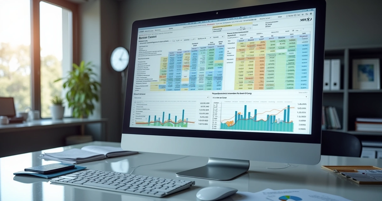 Computador moderno exibindo balancete de verificação detalhado com gráficos financeiros e tabelas coloridas num escritório iluminado