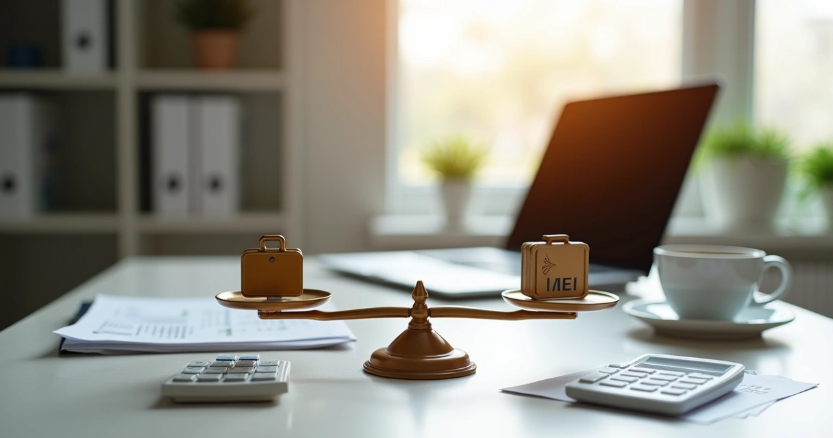 Ilustração realista de uma balança equilibrando os símbolos do MEI e Simples Nacional sobre uma mesa de escritório organizada