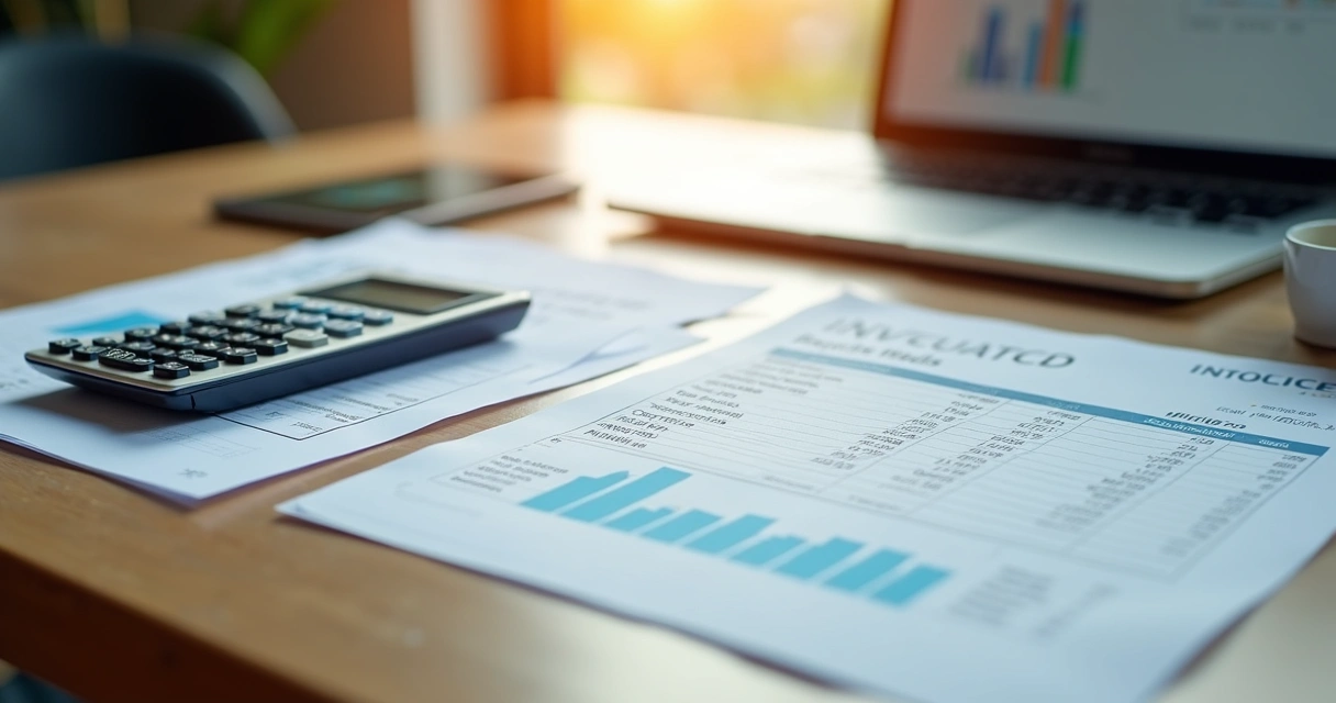 Calculadora, notas fiscais e planilhas financeiras sobre mesa para controle tributário no e-commerce