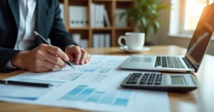 Sócio-administrador calculando pró-labore em escritório moderno com laptop e documentos financeiros organizados