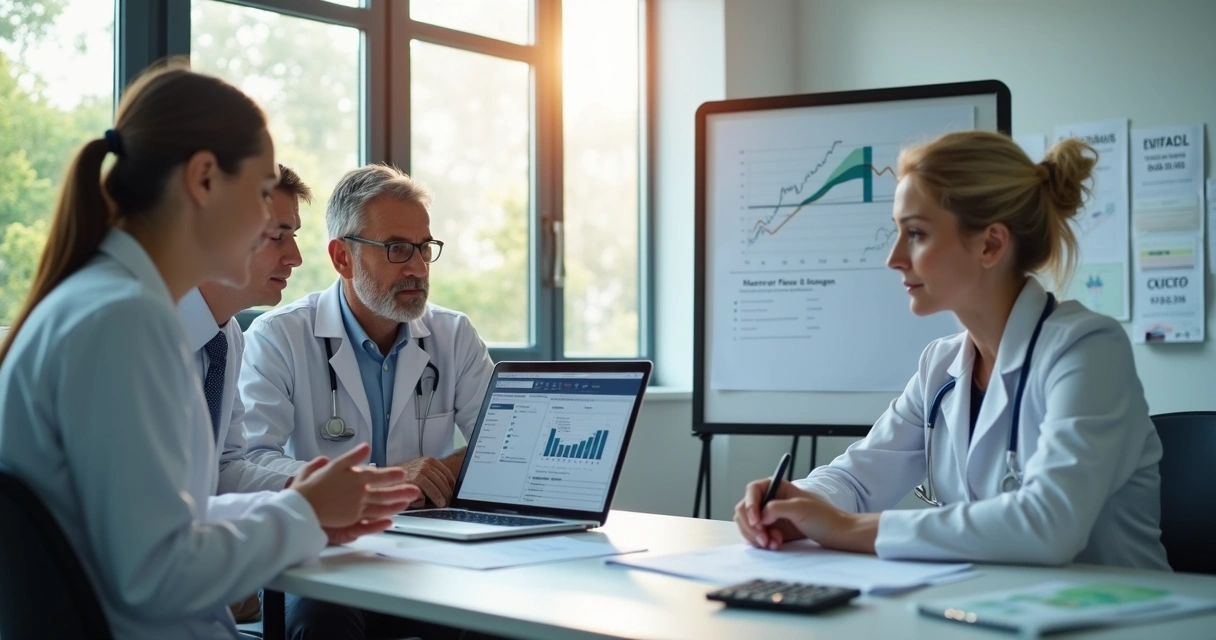 Consultor explicando gestão tributária para equipe de clínica de fisioterapia dentro de escritório moderno