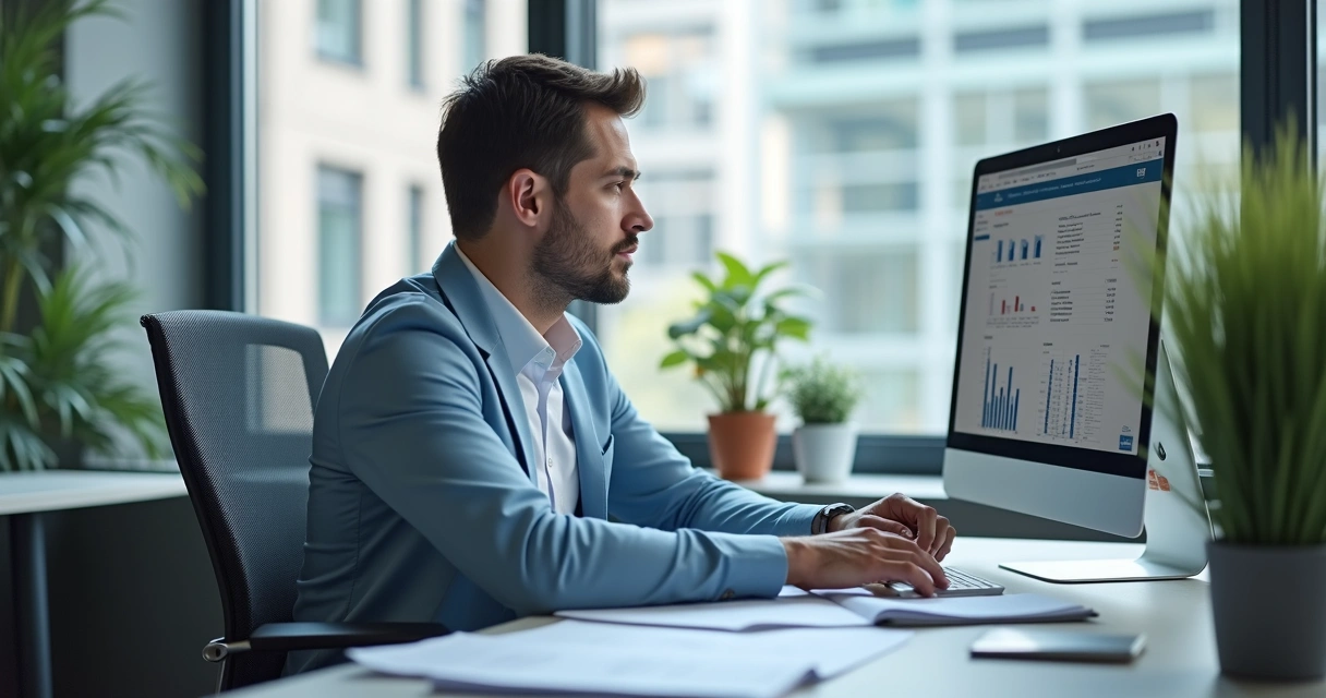 Consultor contábil analisa documentos financeiros de clínica hospitalar em escritório moderno