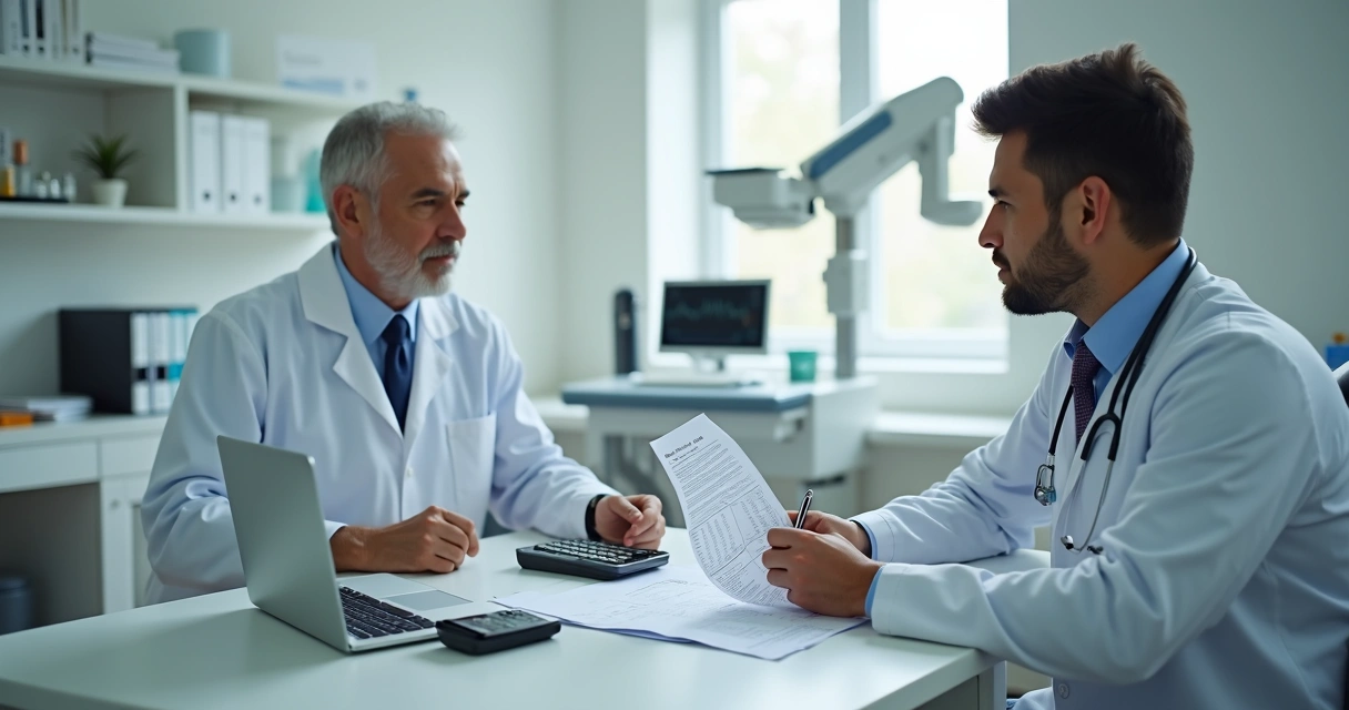 Clínica de implante capilar com médico revisando documentos fiscais em ambiente moderno e iluminado