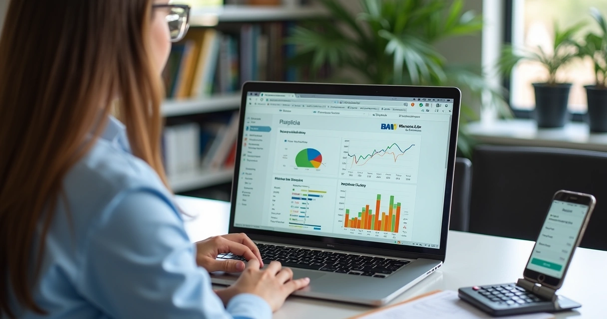 Contador analisando gráficos financeiros em laptop com símbolos do Mercado Livre no monitor