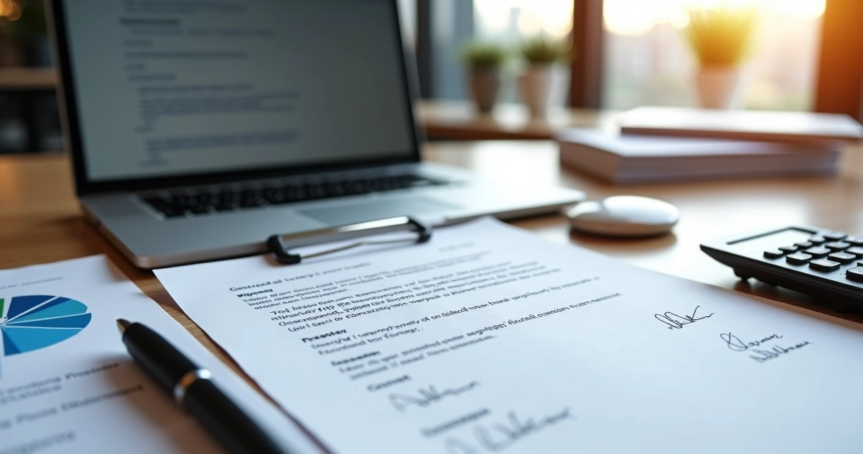 Contrato social impresso sobre mesa de escritório com laptop, caneta e documentos financeiros ao redor