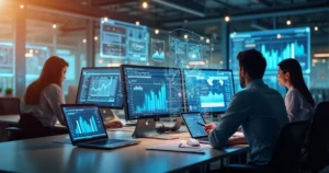 Equipe de profissionais trabalhando com computadores e gráficos financeiros em ambiente de escritório moderno e tecnológico