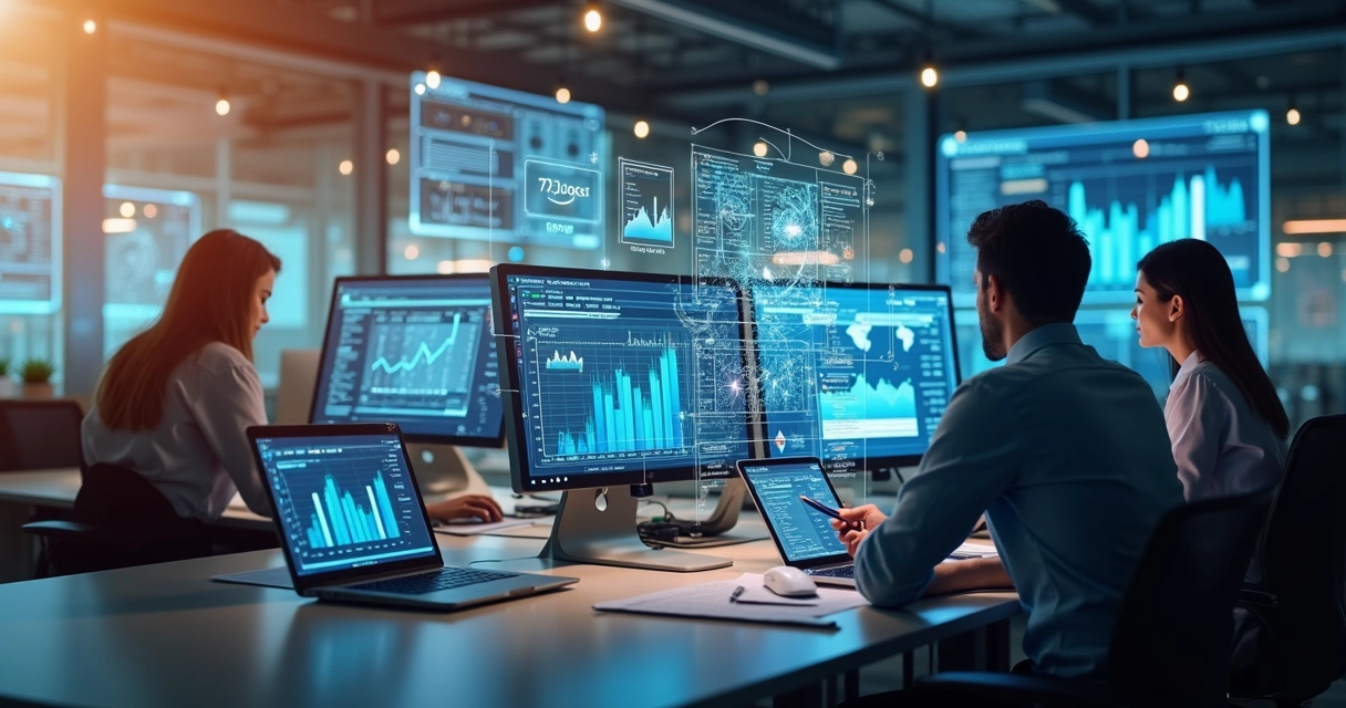 Equipe de profissionais trabalhando com computadores e gráficos financeiros em ambiente de escritório moderno e tecnológico