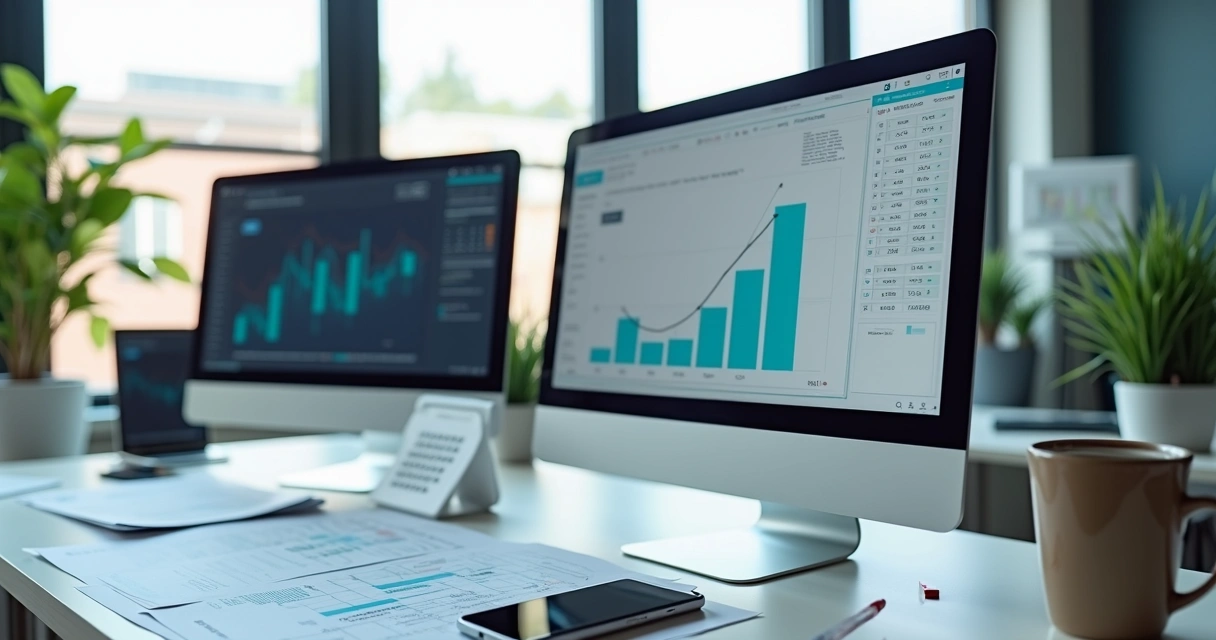 Ambiente moderno de escritório virtual com computadorese documentos, simbolizando endereço fiscal e gestão empresarial digital