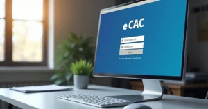 Tela de computador mostrando o portal e-CAC com opções de login via gov.br, código de acesso e certificado digital
