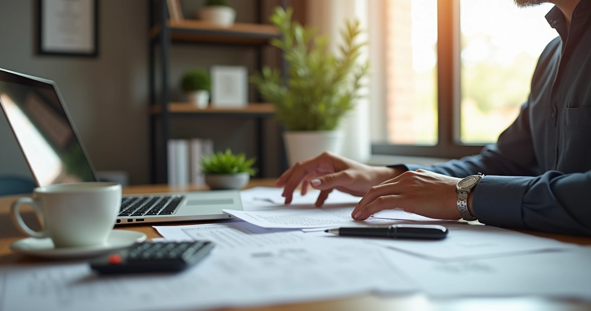 Psicóloga organizando documentos e usando computador em escritório com ambiente profissional e moderno