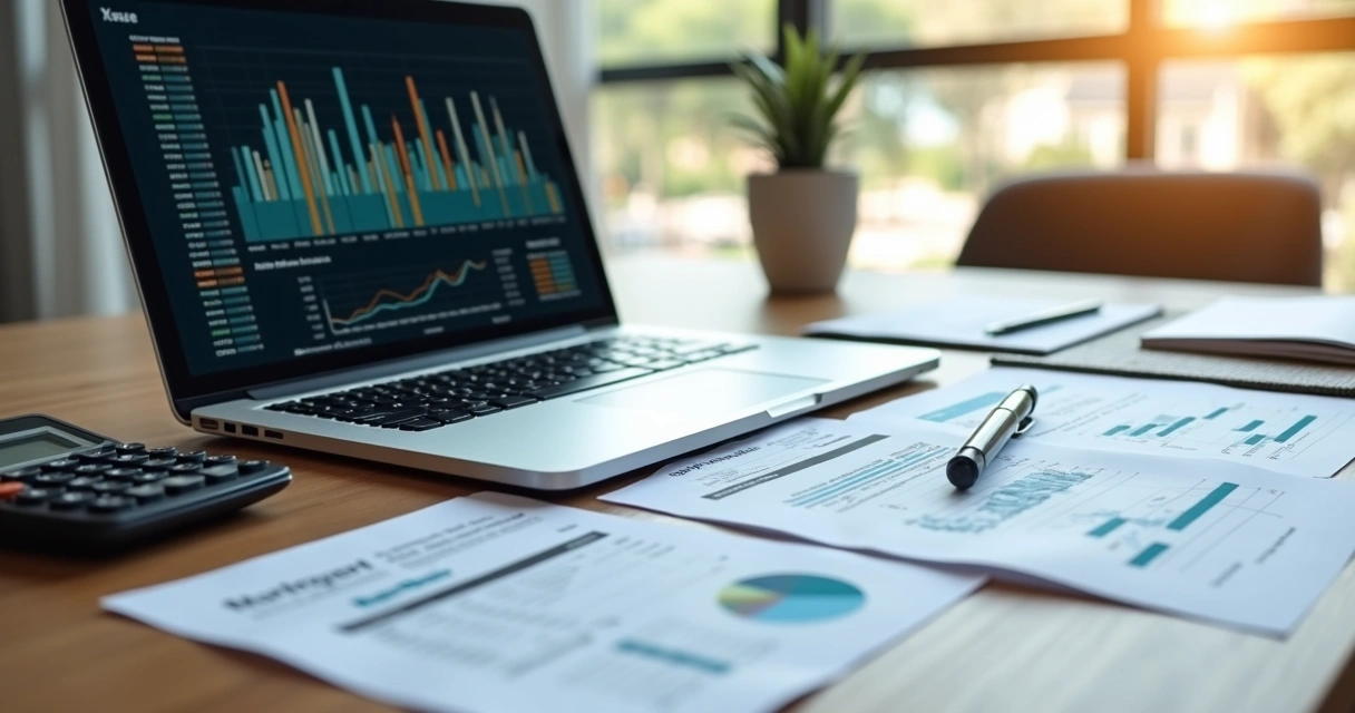 Mesa de trabalho com laptop exibindo gráficos financeiros e documentos fiscais, calculadora e caneta sobre superfície de madeira clara