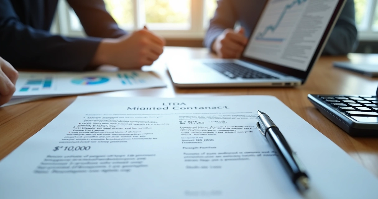 Mesa de reunião com documentos de contrato social, calculadora, laptop e caneta para assinatura de sociedade limitada