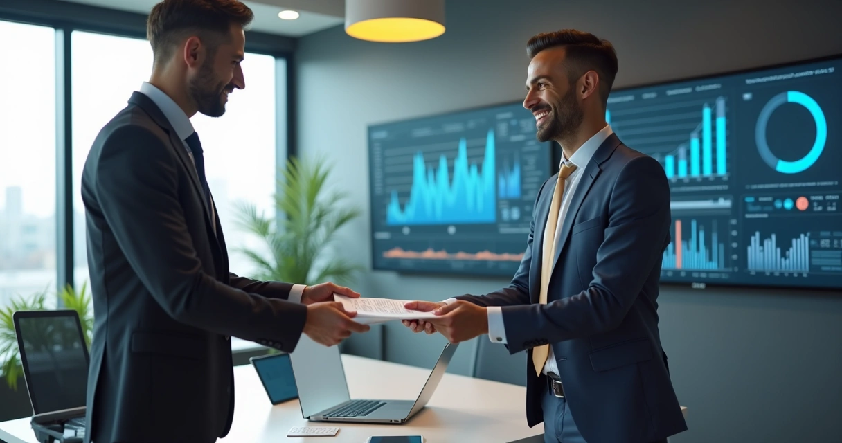 Empresário entregando documentos para contador em escritório moderno com tela digital ao fundo