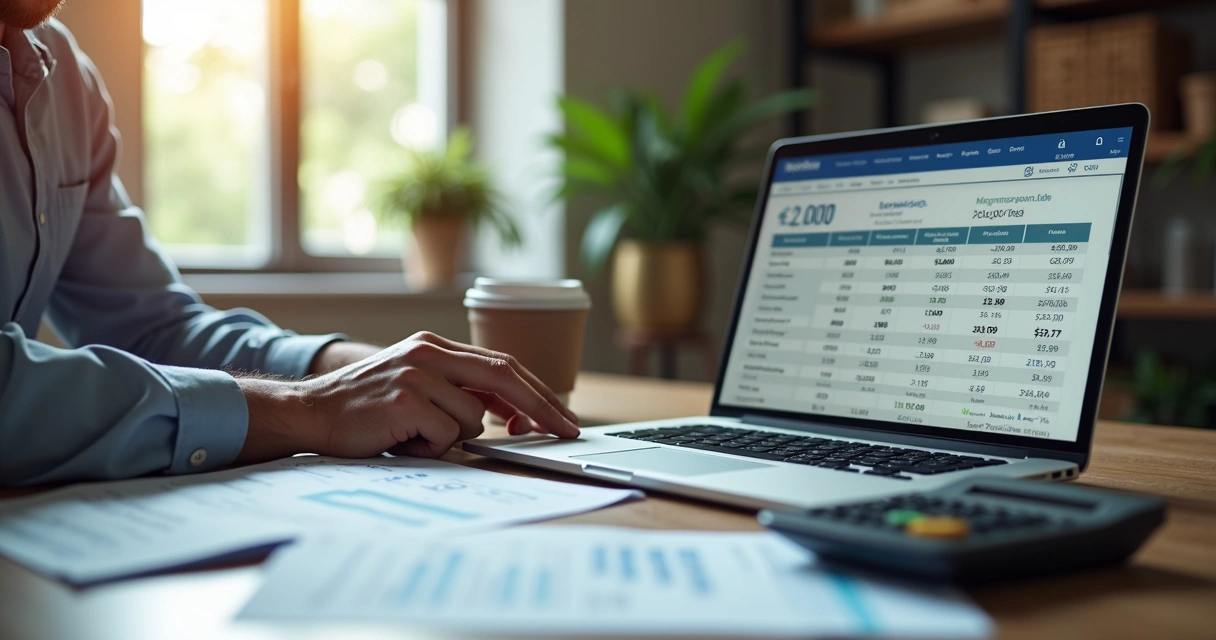 Pessoa calculando impostos em uma mesa com laptop e documentos fiscais ao lado, ambiente de escritório moderno