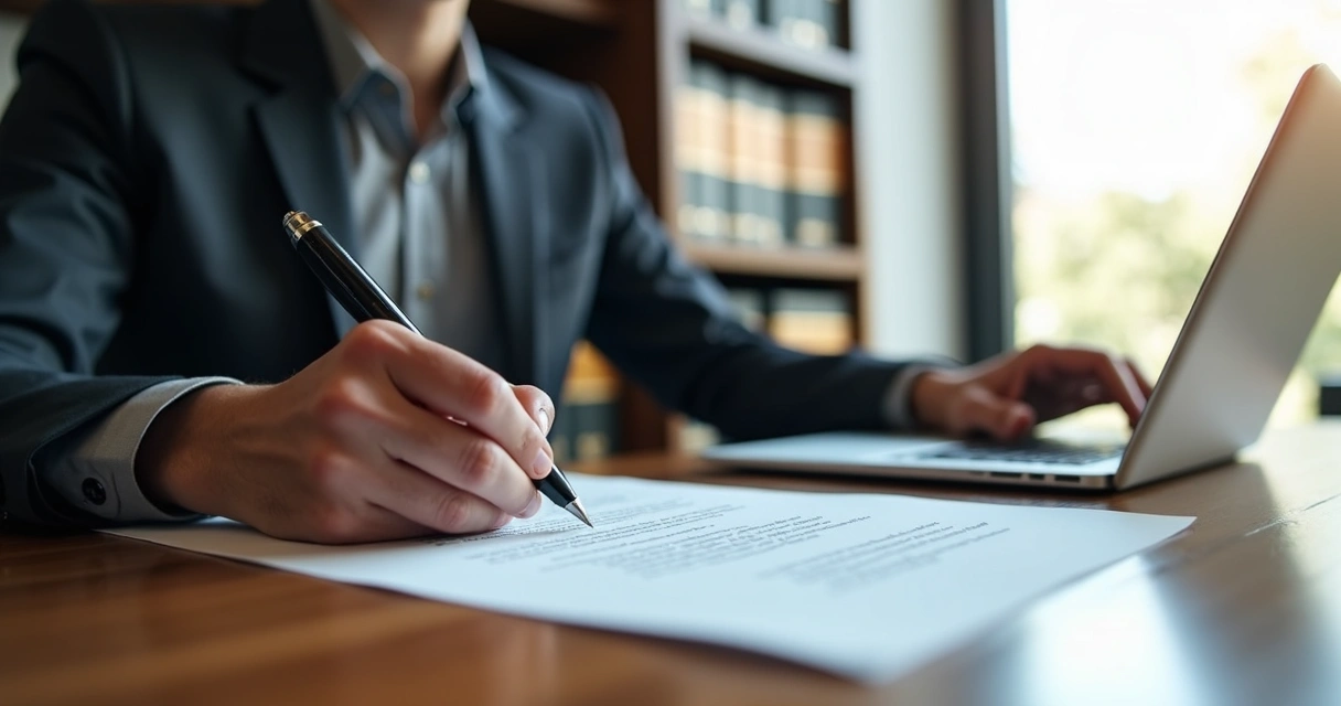 Advogado em escritório moderno analisando e assinando documentos oficiais