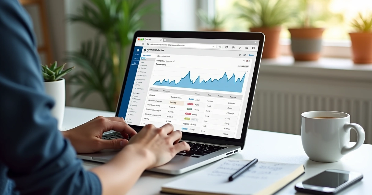Pessoa trabalhando em home office com laptop, notebook e café ao lado, ambiente claro e organizado