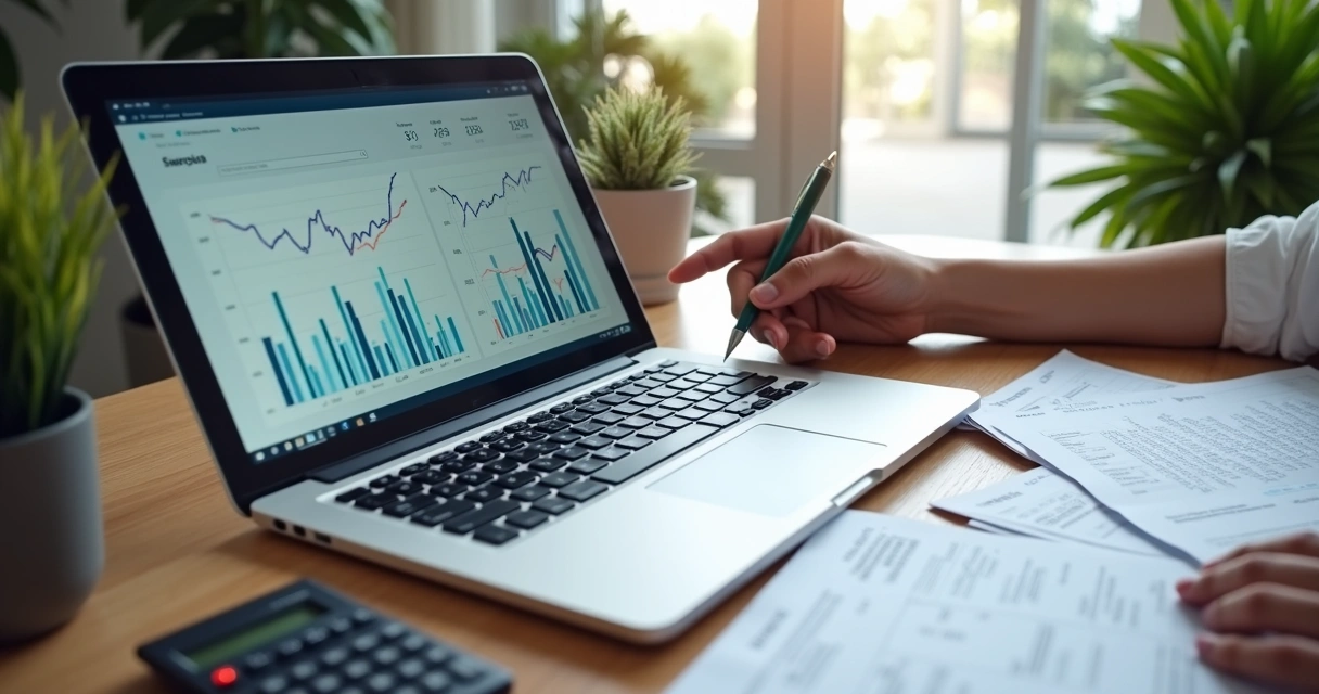 Mesa de trabalho com laptop mostrando gráficos e planilhas, documentos fiscais espalhados, pessoa analisando contas digitais
