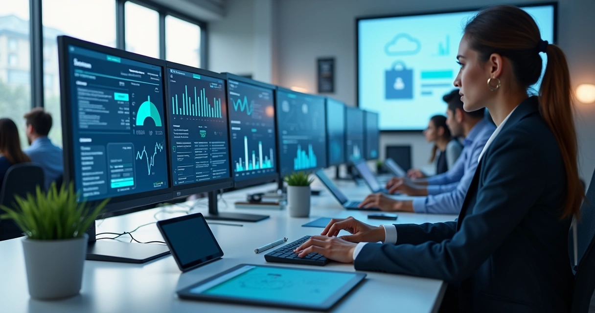Profissionais usando computadores modernos em escritório digital com tecnologia avançada para gestão contábil e financeira