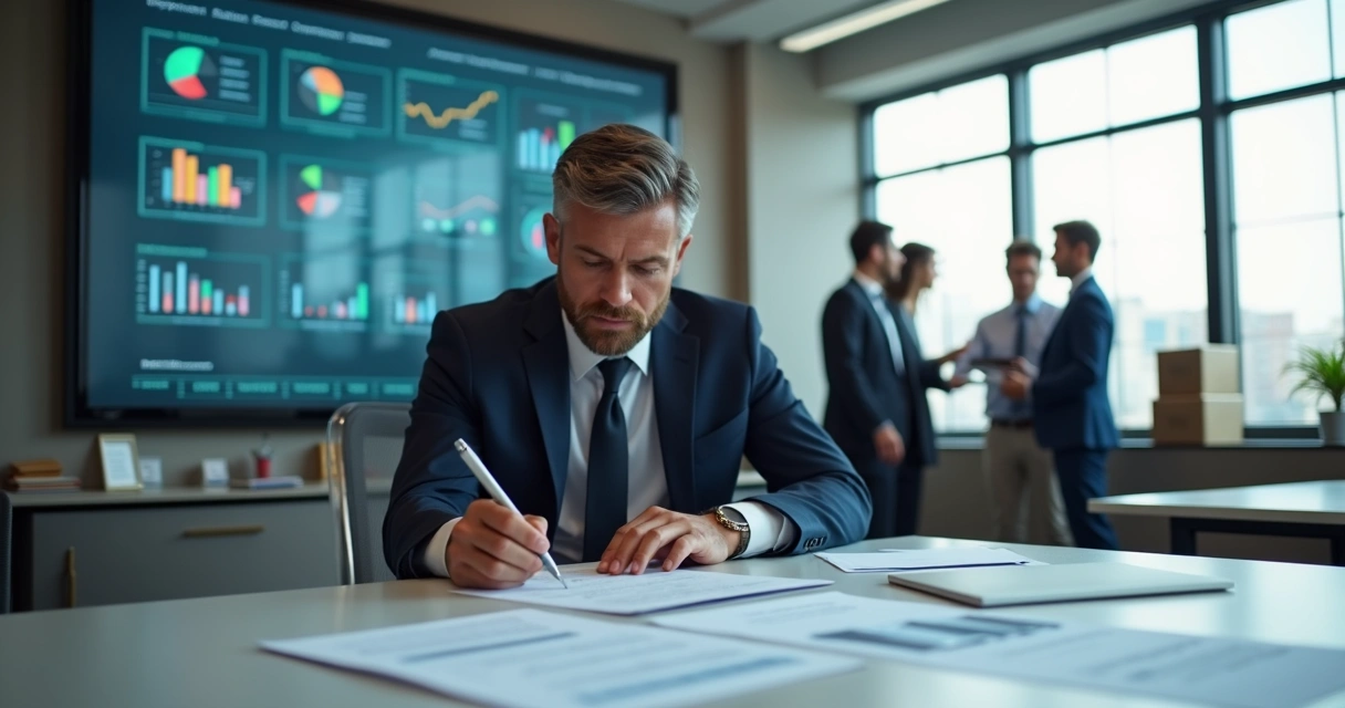 Sócio majoritário analisando documentos financeiros em escritório moderno com gráficos e reuniões ao fundo