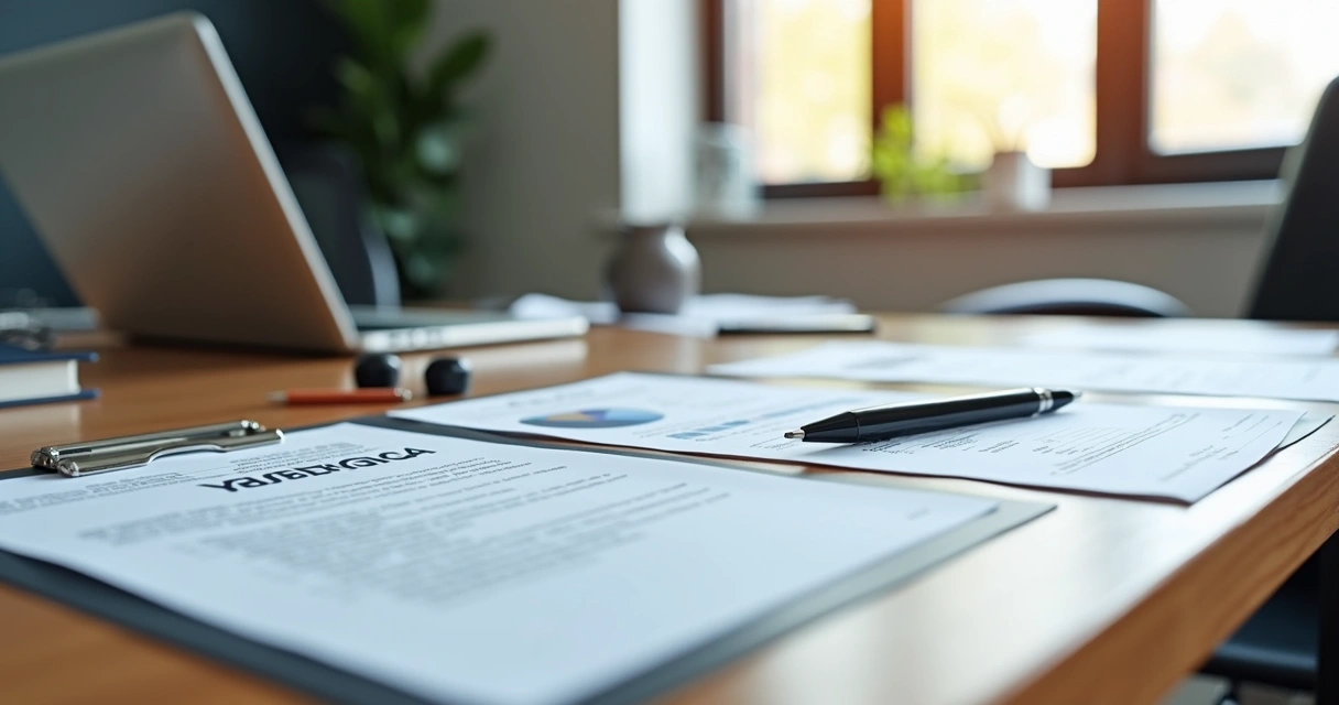 Mesa com documentos contábeis, formulários de registro empresarial, carimbos e caneta perto de laptop aberto em escritório moderno