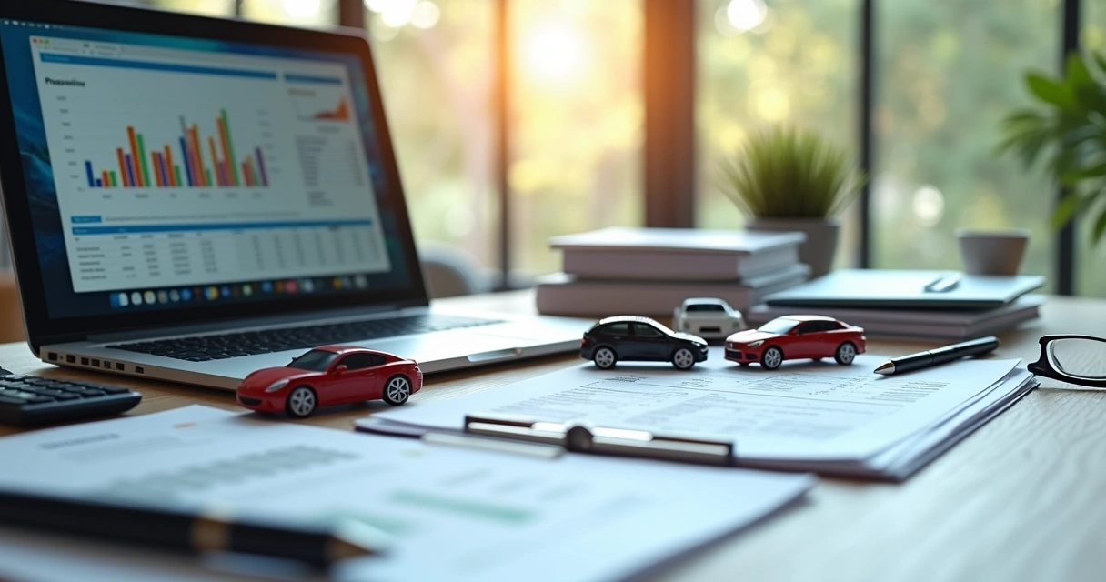 Mesa de escritório com laptop aberto mostrando planilhas financeiras, ao lado de miniaturas de carros e documentos contábeis organizados
