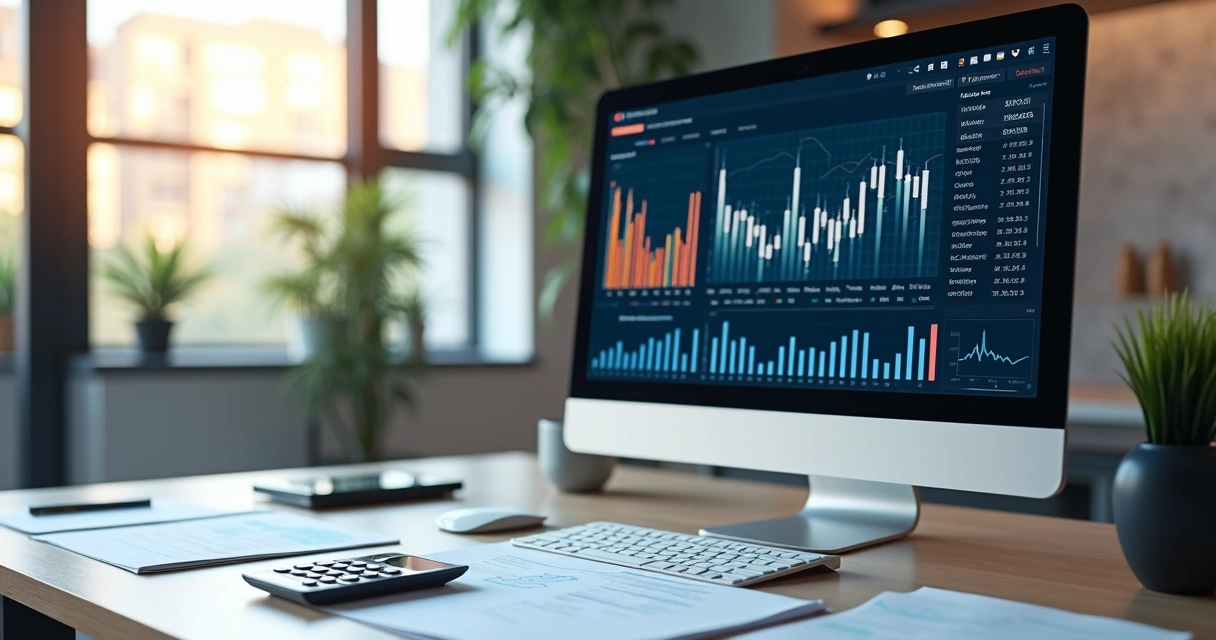 Mesa de escritório com computador, documentos e gráficos financeiros, ambiente profissional de marketing digital