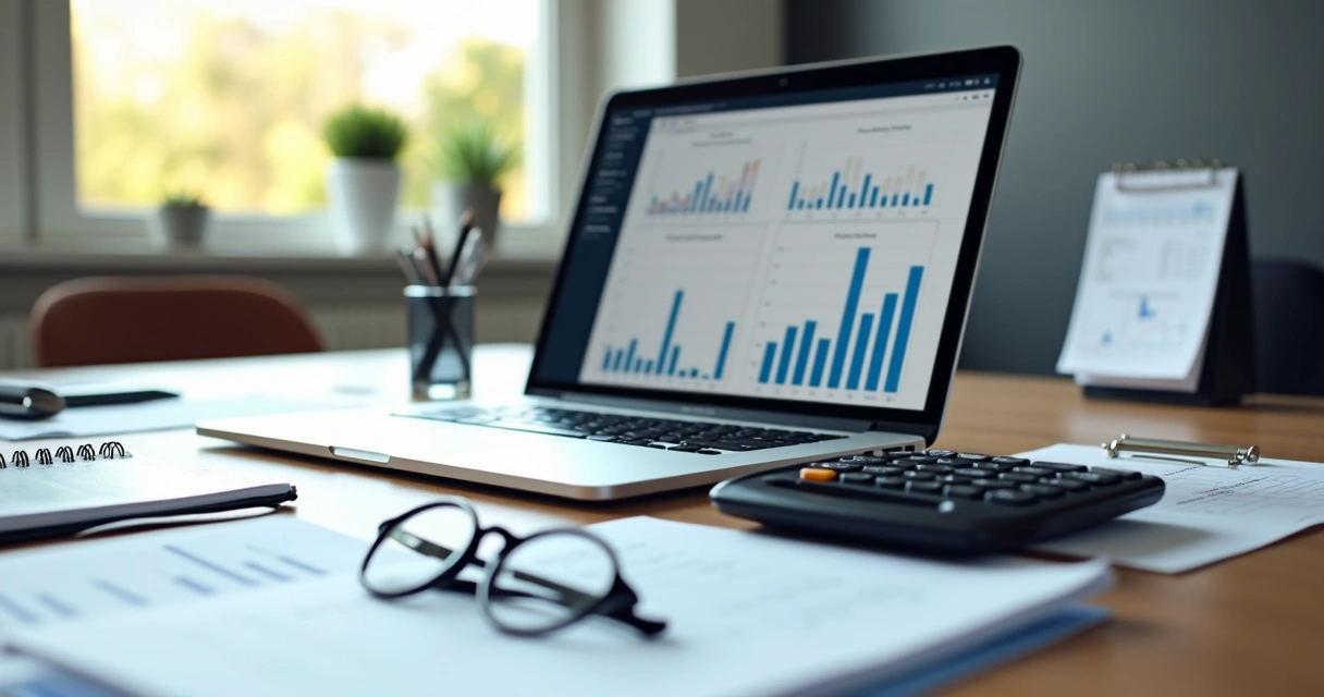 Computadores e documentos financeiros organizados em mesa clara, com gráficos e calculadora para gestão contábil digital