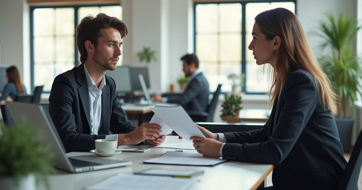 Gestor sentado em mesa de escritório entregando documentos de desligamento a colaborador em ambiente corporativo moderno