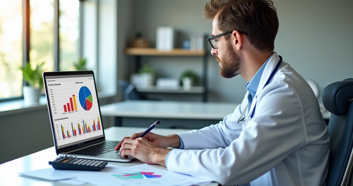Médico analisando planilha financeira em computador com gráficos e calculadora ao lado sobre mesa de escritório