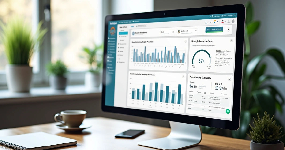 Computador exibindo painel de plataforma de afiliados para produtos físicos com gráficos, listas de produtos e estatísticas de vendas