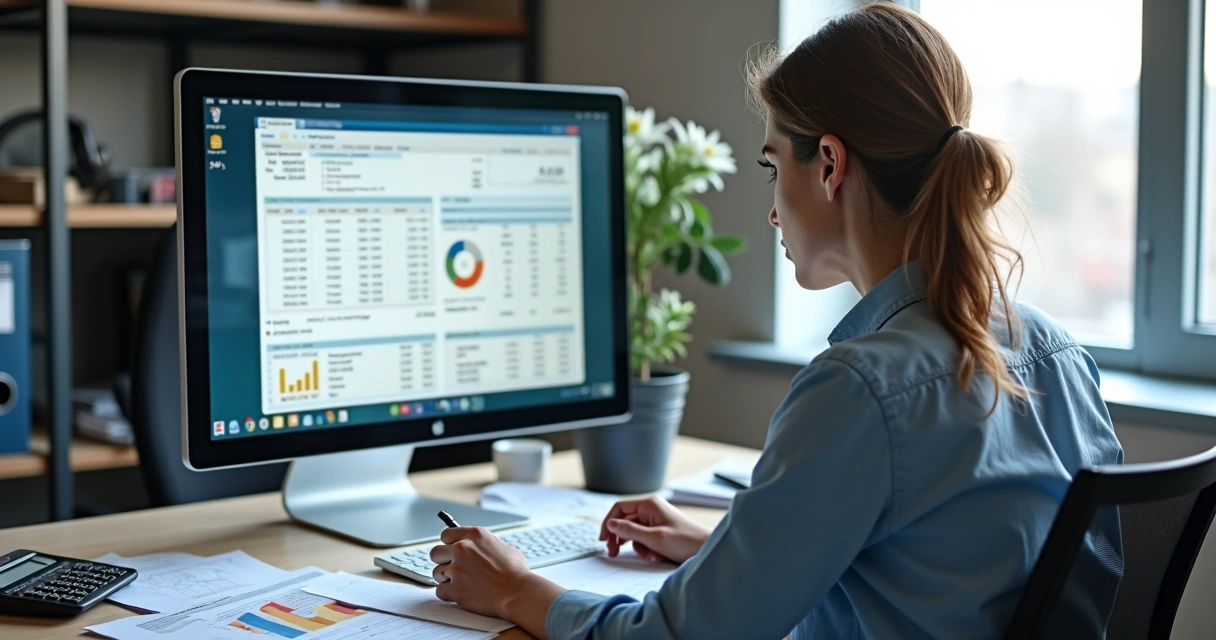 Profissional analisando nota fiscal eletrônica em computador com gráficos e documentos fiscais ao redor