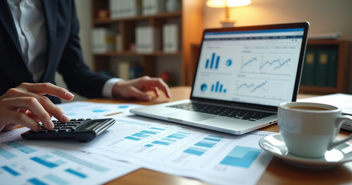 Profissional contábil analisando documentos financeiros com calculadora e laptop em mesa de escritório