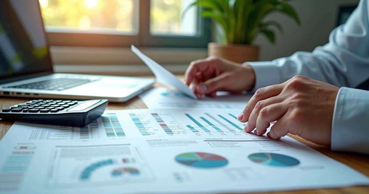 Mesa com documentos fiscais, calculadora, laptop mostrando planilhas financeiras e pessoa analisando dados para recuperação de créditos fiscais