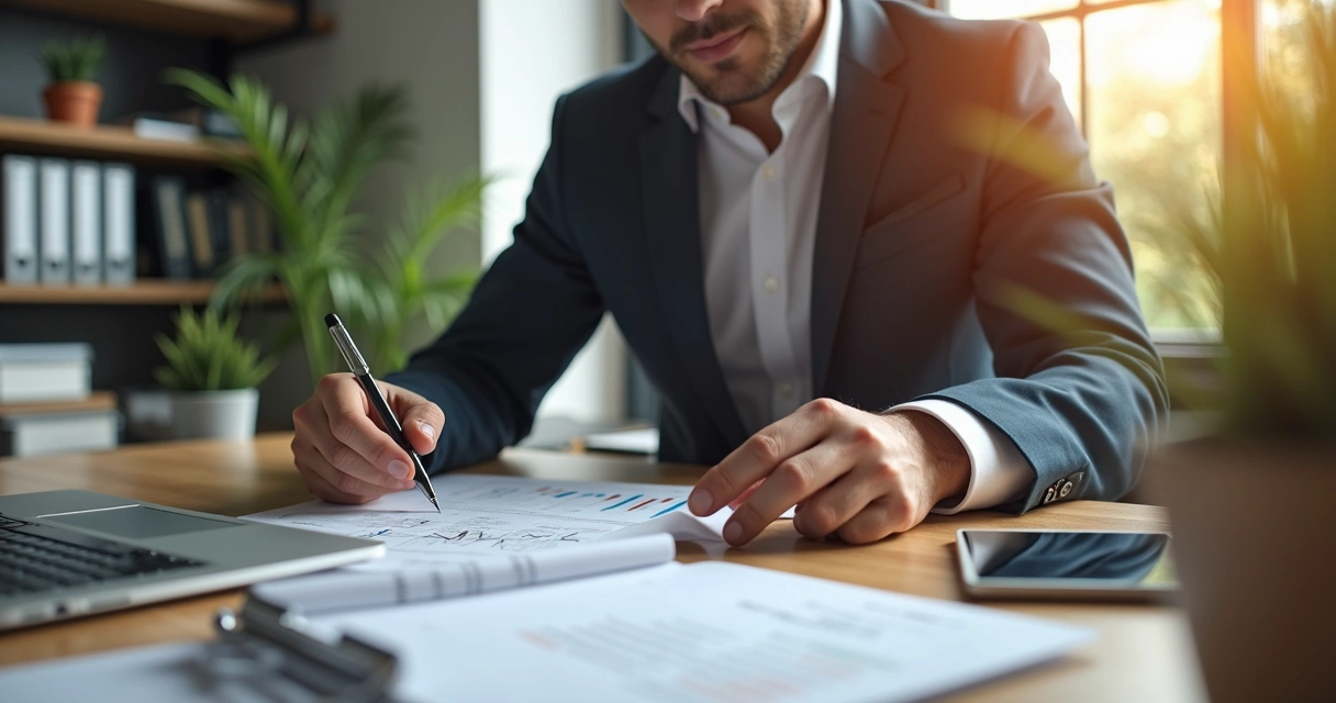 Representante comercial negociando contrato em escritório moderno com laptop e documentos