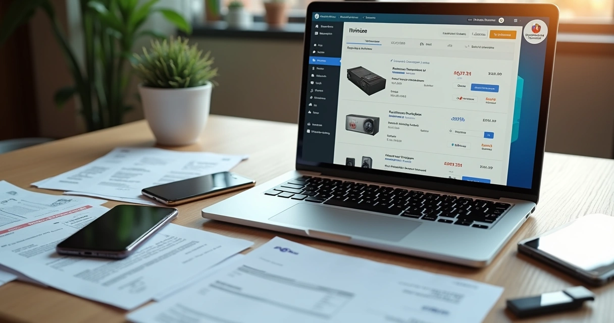 Mesa com laptop exibindo plataforma de vendas online, documentos fiscais e certificado digital ao lado
