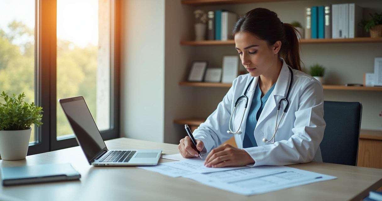 Profissional de saúde analisando documentos e licenças em escritório moderno