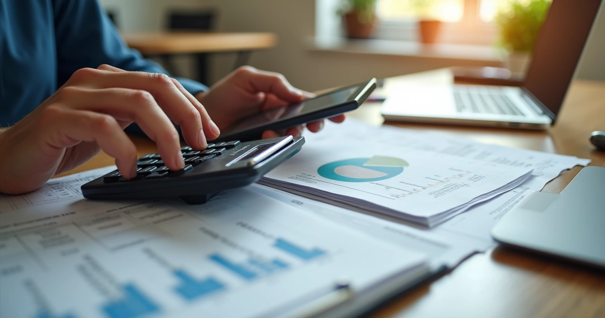 Pessoa calculando pró-labore com planilha financeira e calculadora sobre mesa de madeira